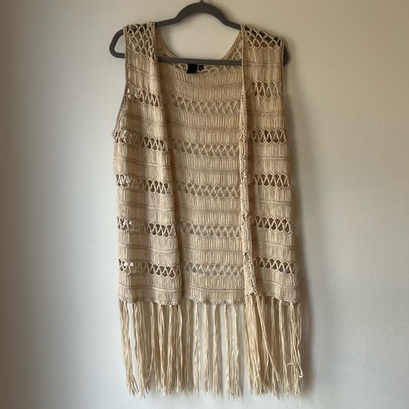 Jackets & Blazers - MAK Sweater Crochet Fringe Vest Beige Boho Festival Open Front Size M/L